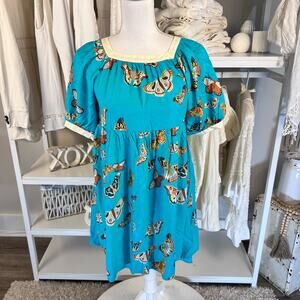 Fabula, (Brazilian Company) women's tunic baby doll teal butterflies unique 2667